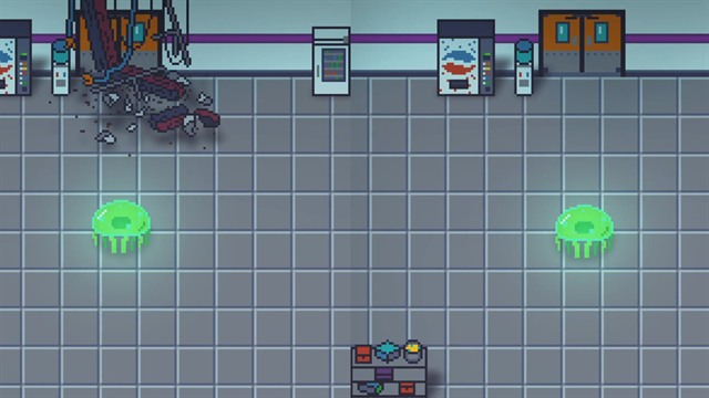 Caustic Bloom screenshot: the same doorway open in one run and blocked by debris in another